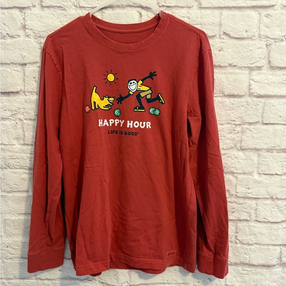 Life is Good Happy Hour Mens small Red Shirt Playing with Dog italian flag